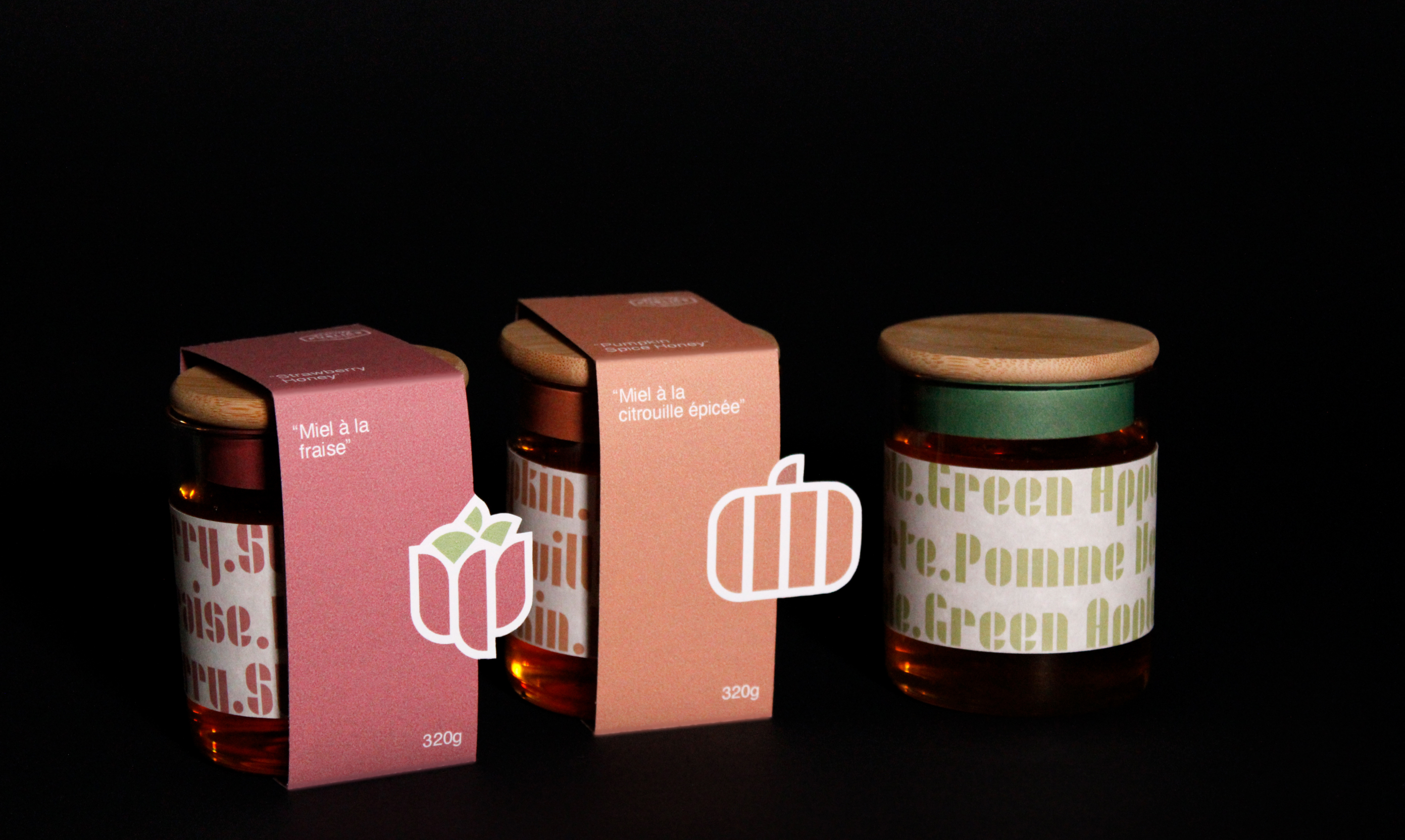 3 honey jars, 2 with labels, one without